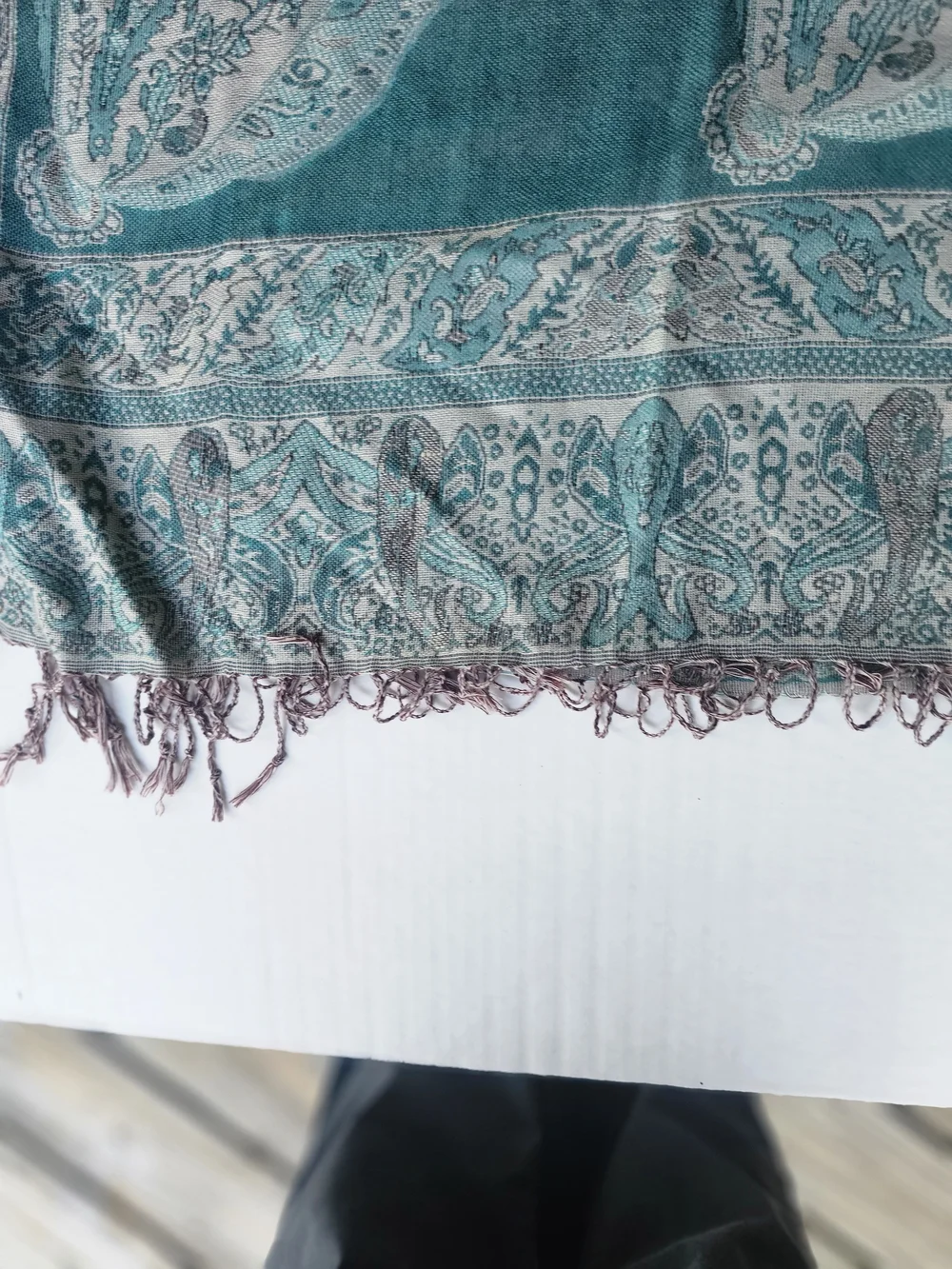 Teal Ivory Paisley Woven Fringe Rectangle Scarf Wrap Women Polyester Acrylic